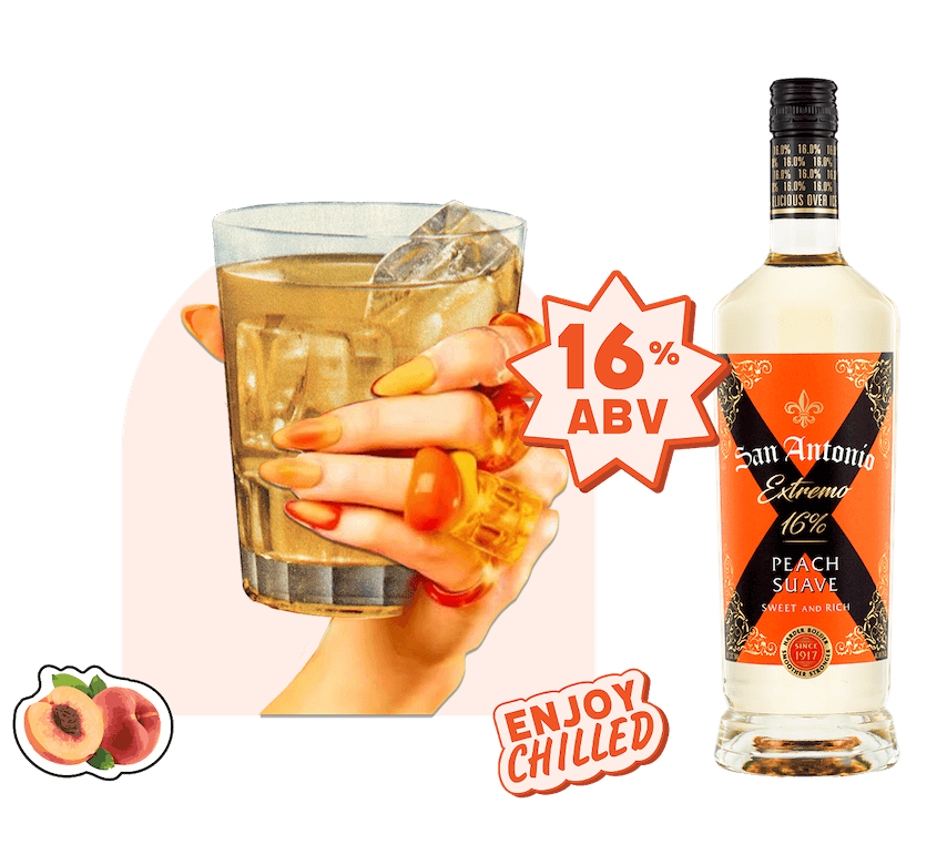 Hand holding a glass of golden peach cocktail with ice, next to a San Antonio Extremo bottle, with “16% ABV” and “Enjoy Chilled” labels.