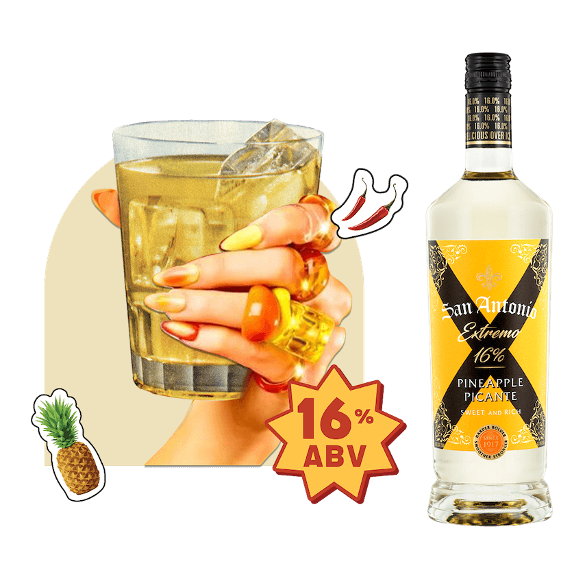 Hand holding a glass of golden pineapple cocktail with ice, next to a San Antonio Extremo bottle, with “16% ABV” label and Pineapple icon