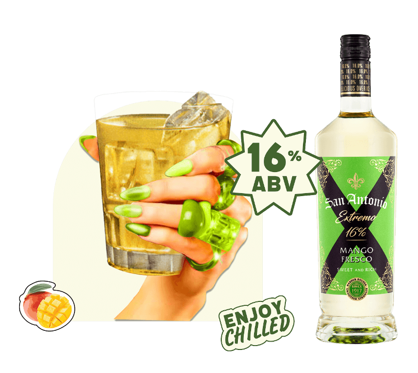 Hand holding a glass of golden mango cocktail with ice, next to a San Antonio Extremo bottle, with “16% ABV” and “Enjoy Chilled” labels.