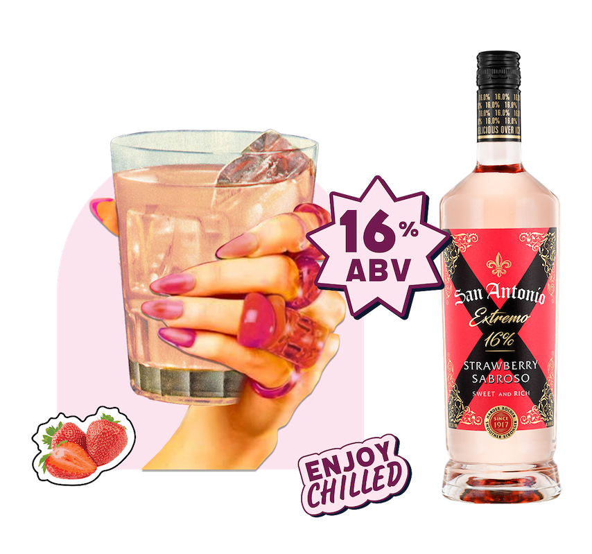 Hand holding a glass of cocktail with ice, next to a San Antonio Extremo bottle, with “16% ABV” label and Strawberry icon