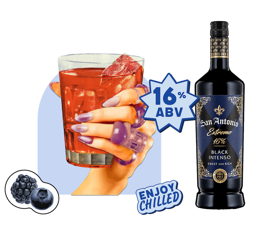Hand holding a glass of cocktail with ice, next to a San Antonio Extremo bottle, with “16% ABV” and “Enjoy Chilled” labels.