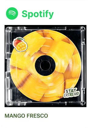 Spotify link for Mango Fresco playlist with mango-themed CD design.