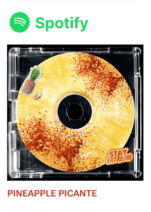 Spotify link for Pineapple Picante playlist with pineapple-themed CD design.