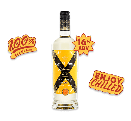 San Antonio Extremo Pineapple Picante bottle with 100% naturally sweet, 16% ABV, and enjoy chilled label
