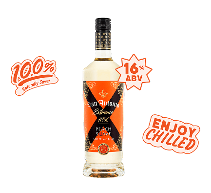 San Antonio Extremo Peach Suave bottle with 100% naturally sweet, 16% ABV, and enjoy chilled label