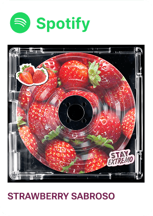 Spotify link for Strawberry Sabroso playlist with strawberry-themed CD design.