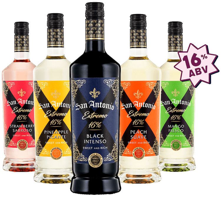 Five San Antonio Extremo 16% ABV bottles – Strawberry Sabroso, Pineapple Picante, Black Intenso, Peach Suave, and Mango Fresco – arranged in a row with a 16% ABV label.