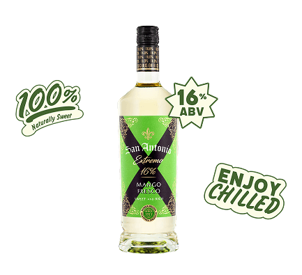 San Antonio Extremo Mango Fresco bottle with 100% naturally sweet, 16% ABV, and enjoy chilled label