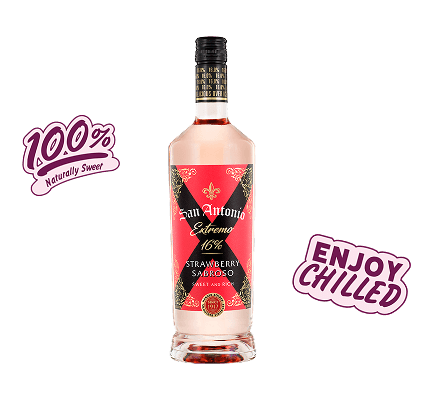 San Antonio Extremo Strawberry Sabroso bottle with 100% naturally sweet, 16% ABV, and enjoy chilled label